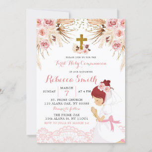 Boho Pampas Red Hair Girl First Communion Invitation