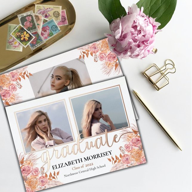 Boho Pampas Rose 3 Photo Graduate Graduation White (Creator Uploaded)