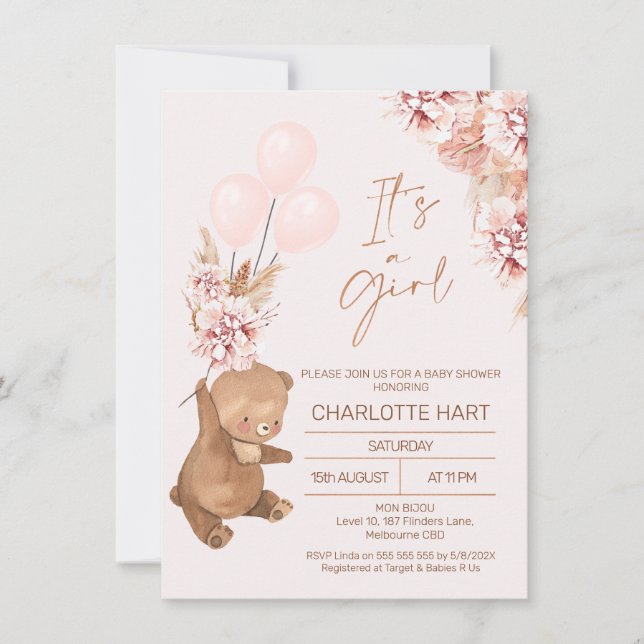 Boho Pampas Rose Gold Bear Balloons Baby Shower Invitation (Front)