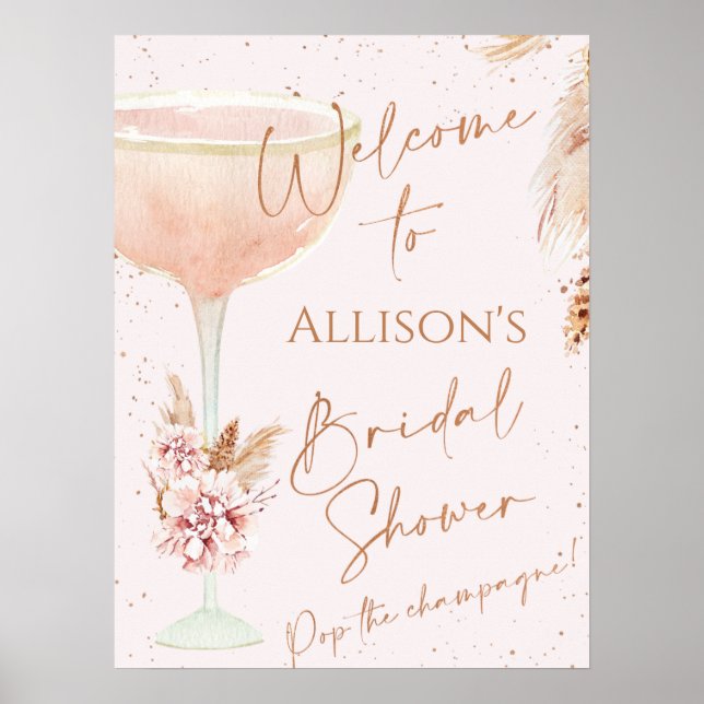 Boho Pampas Rose Gold Glass Bridal Shower Welcome  Poster (Front)
