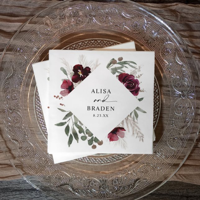 Boho Pampas Roses Watercolor Wedding Napkin (Boho burgundy & pampas grass watercolor wedding napkins.)