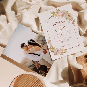 Boho Pampas Rustic Terracotta Arch Photo Wedding Invitation