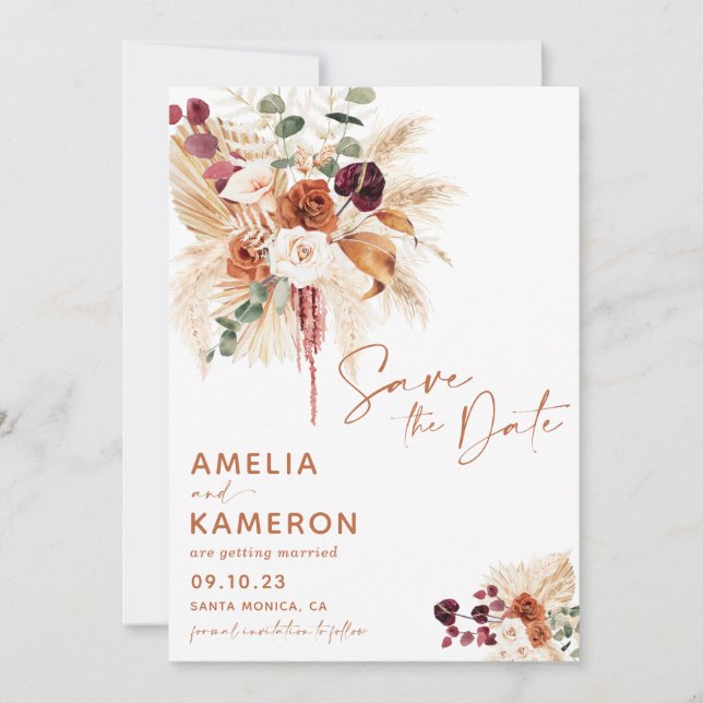 Boho Pampas Save The Date Card (Front)
