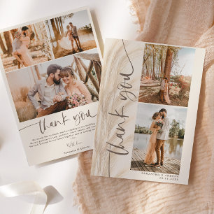 Boho pampas script 5 photos wedding thank you card