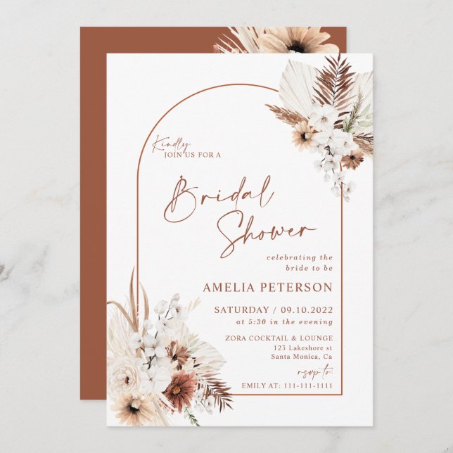 Boho Pampas Terracotta Bridal Shower Invitation (Front/Back)