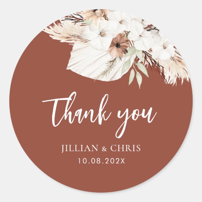 boho pampas terracotta floral wedding classic roun classic round sticker (Front)