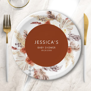 Boho Pampas Terracotta Grass Baby Shower Paper Plate