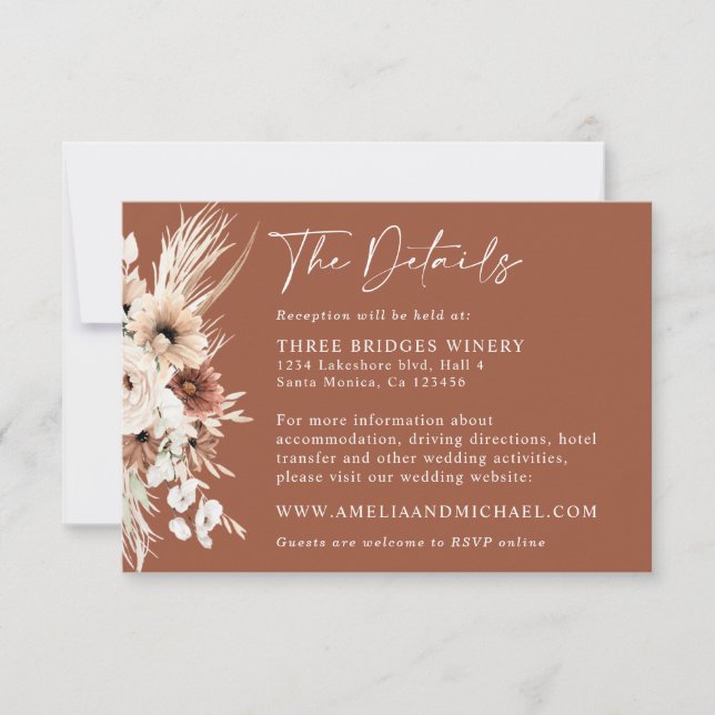 Boho Pampas Terracotta Wedding Details Card (Front)