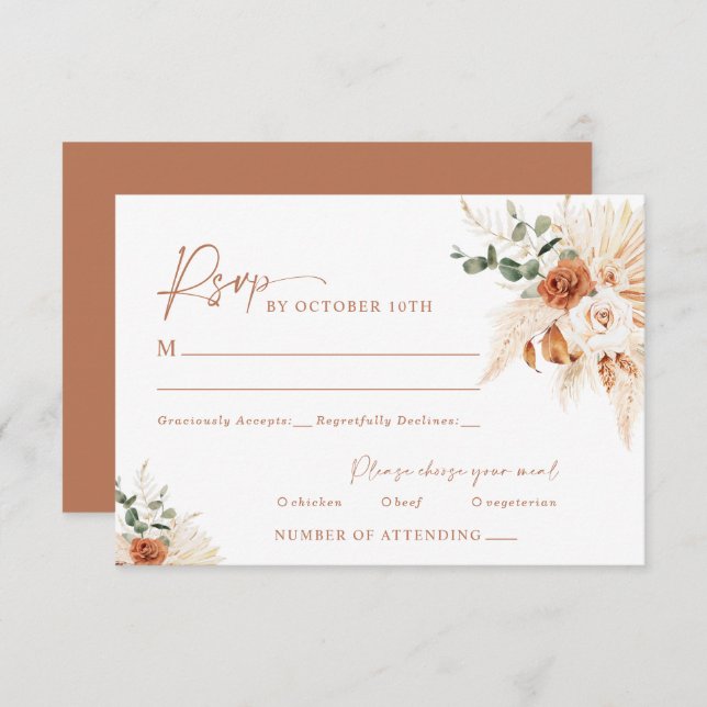 Boho Pampas Terracotta Wedding RSVP Card LEYLA (Front/Back)