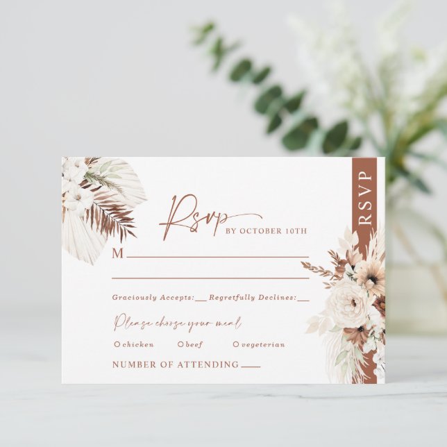 Boho Pampas Terracotta Wedding RSVP Card Response  (Standing Front)