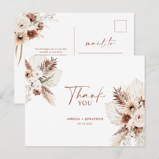Boho Pampas Terracotta Wedding Thank You Postcard (Front/Back)