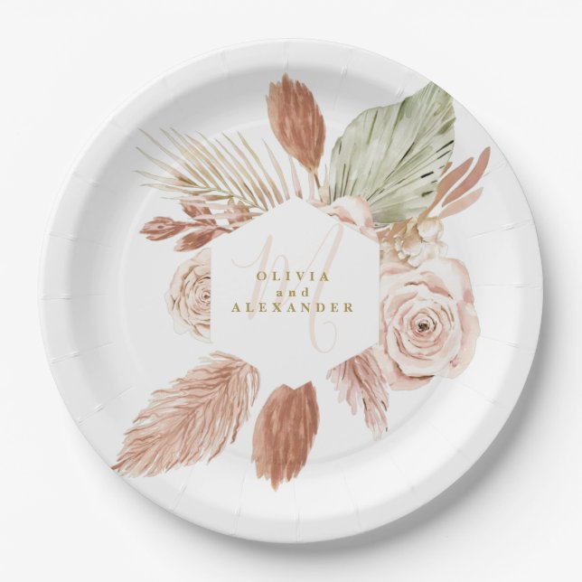 Boho Pampas Tropical Dried Flowers Paper Plate (Front)