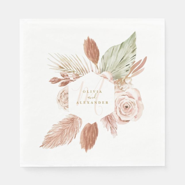 Boho Pampas Tropical Dried Flowers Wedding Napkins (Front)