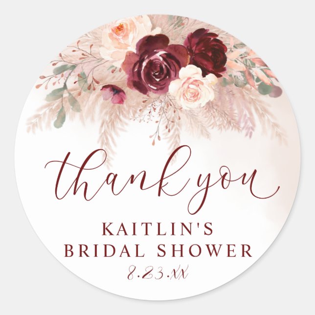 Boho Pampas Wedding Bridal Shower Burgundy Roses Classic Round Sticker (Front)
