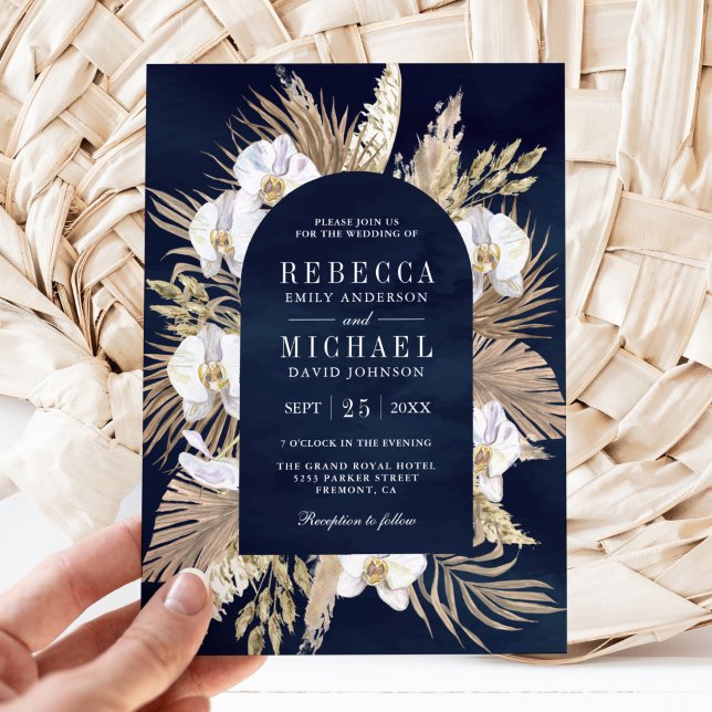 Boho Pampas White Orchid Dried Palm Navy Wedding Invitation (Creator Uploaded)