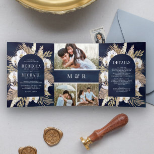 Boho Pampas White Orchid Dried Palm Navy Wedding Tri-Fold Invitation