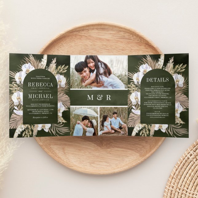 Boho Pampas White Orchid Dried Palm Sage Wedding Tri-Fold Invitation (Creator Uploaded)