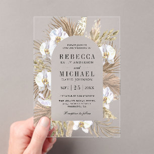 Boho Pampas White Orchid Dried Palm Wedding Acrylic Invitations
