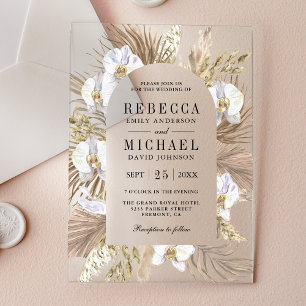 Boho Pampas White Orchid Dried Palm Wedding Acrylic Invitations