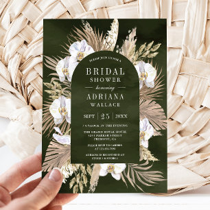 Boho Pampas White Orchid Olive Green Bridal Shower Invitation