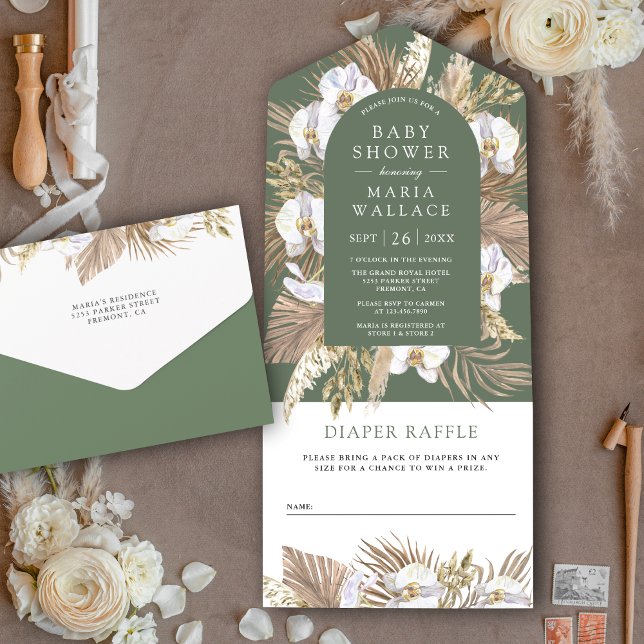 Boho Pampas White Orchid Sage Green Baby Shower All In One Invitation (Creator Uploaded)