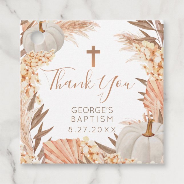 Boho Pampas White Pumpkin Baptism Favour tag (Front)