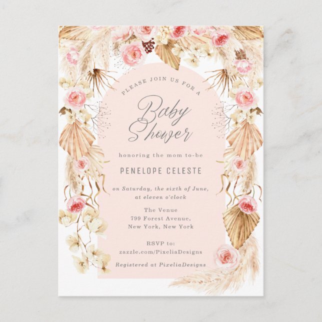 boho pampas with pink floral arch baby shower invi invitation postcard (Front)