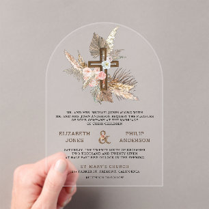 Boho Pampas Wood Cross Catholic Wedding Acrylic Invitations