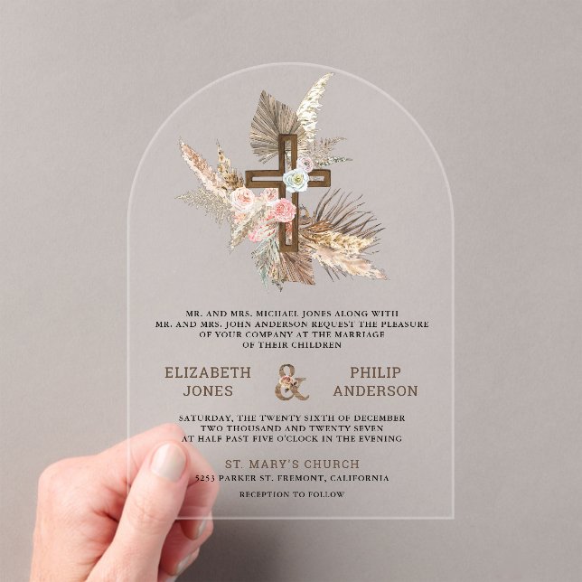 Boho Pampas Wood Cross Catholic Wedding Acrylic Invitations (Insitu (Handheld))