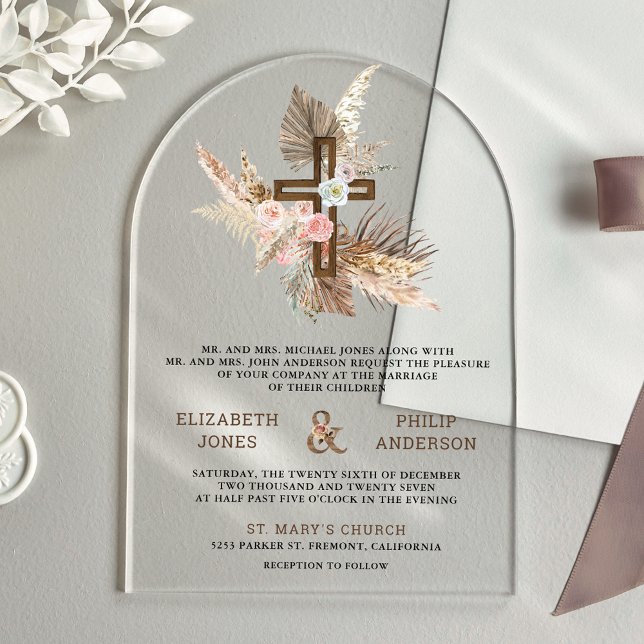 Boho Pampas Wood Cross Catholic Wedding Acrylic Invitations (Creator Uploaded)