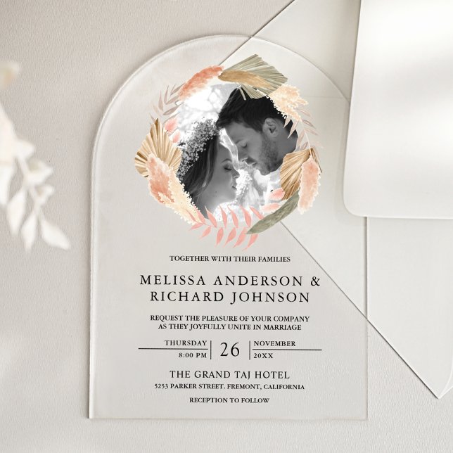 Boho Pampas Wreath Photo Dried Palm Leaves Wedding Acrylic Invitations (Creator Uploaded)