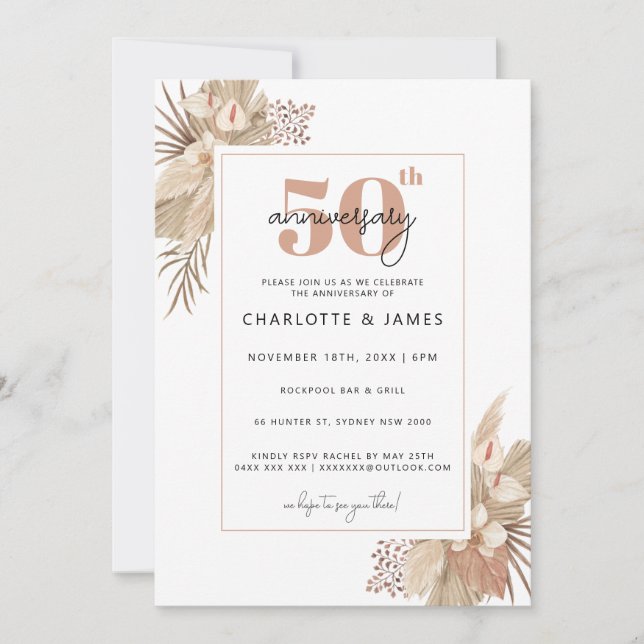 Boho Pampass Grass 50th wedding anniversary Invitation (Front)