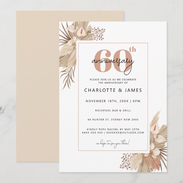 Boho Pampass Grass 60th wedding anniversary Invitation (Front/Back)