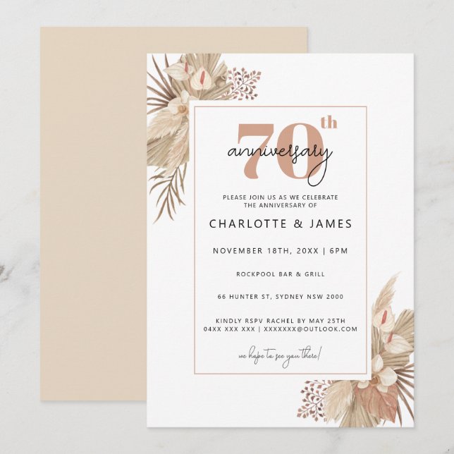 Boho Pampass Grass 70th wedding anniversary Invitation (Front/Back)