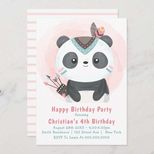 Boho Panda Bear 4th Birthday Invitations (Front/Back)
