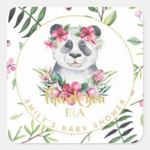 Boho Panda Bear Pink Flowers Baby Shower Thank You Square Sticker