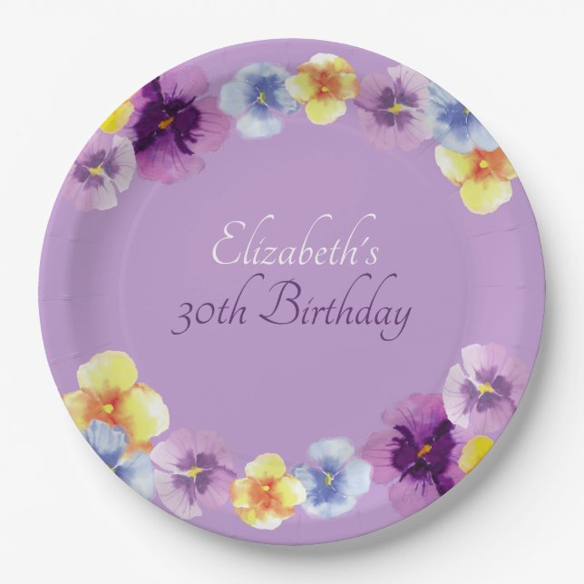 Boho Pansy Garden Party Colourful Floral Birthday Paper Plate (Front)