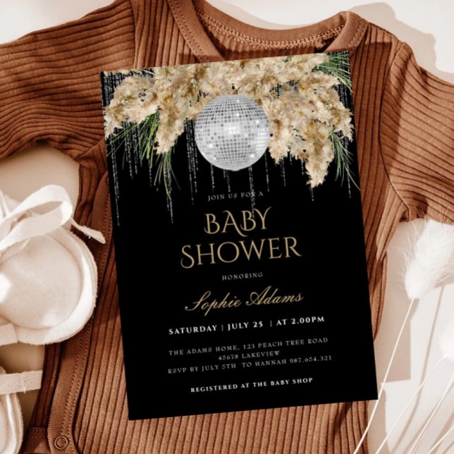 Boho Papmas Grass Disco Ball Black Baby Shower Invitation (Creator Uploaded)