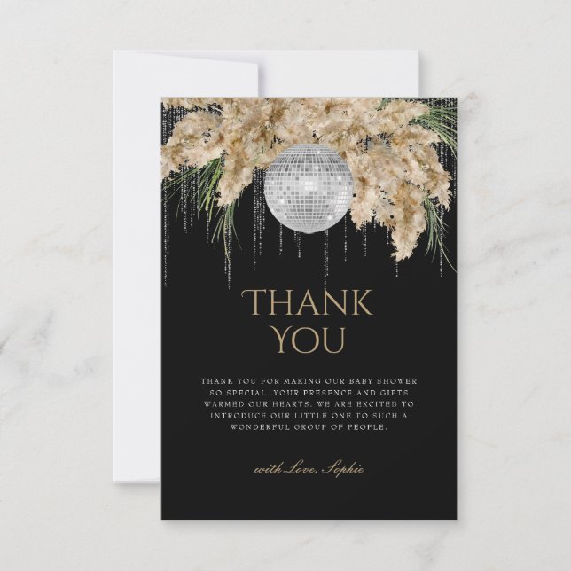 Boho Papmas Grass Disco Ball Black Baby Shower Thank You Card (Front)