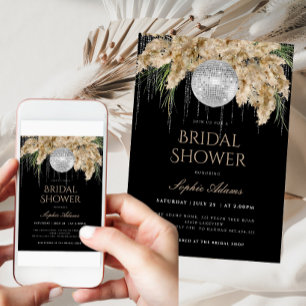 Boho Papmas Grass Disco Ball Black Bridal Shower Invitation