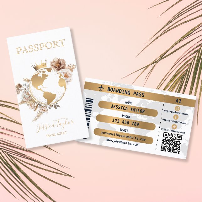 Boho Passport Travel Agent World Map Boarding Pass Business Card (Creator Uploaded)