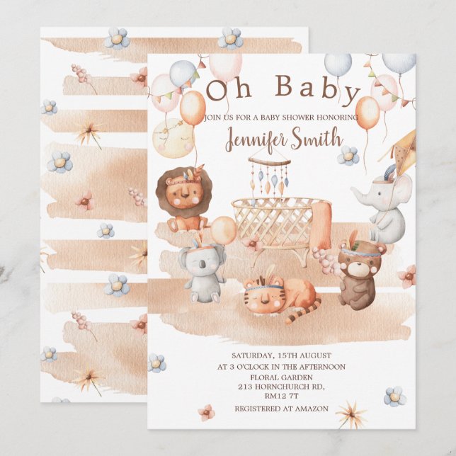 Boho pastel animals mobile baby shower Oh Baby Invitation (Front/Back)