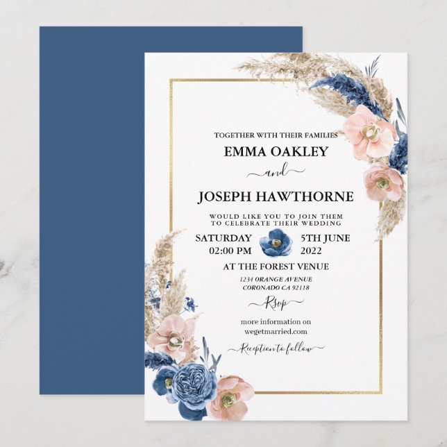 Boho pastel blue & blush chic floral Wedding Invit Invitation (Front/Back)