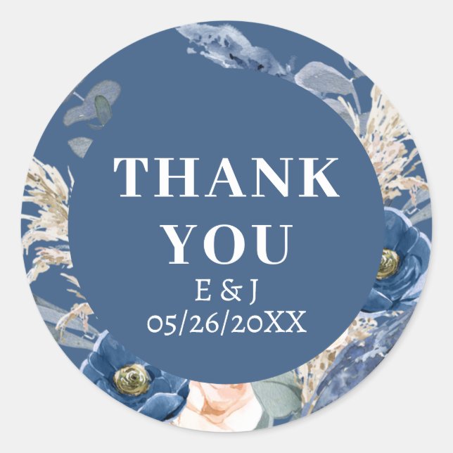 Boho pastel blue & blush chic Wedding Classic Round Sticker (Front)