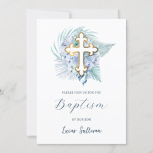 Boho Pastel Blue Bouquet Baptism Invitation