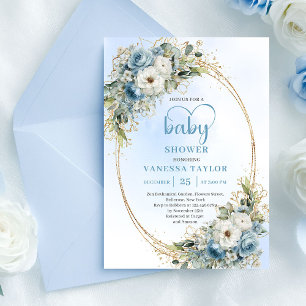Boho Pastel Blue Floral Eucalyptus Gold Shower  Invitation