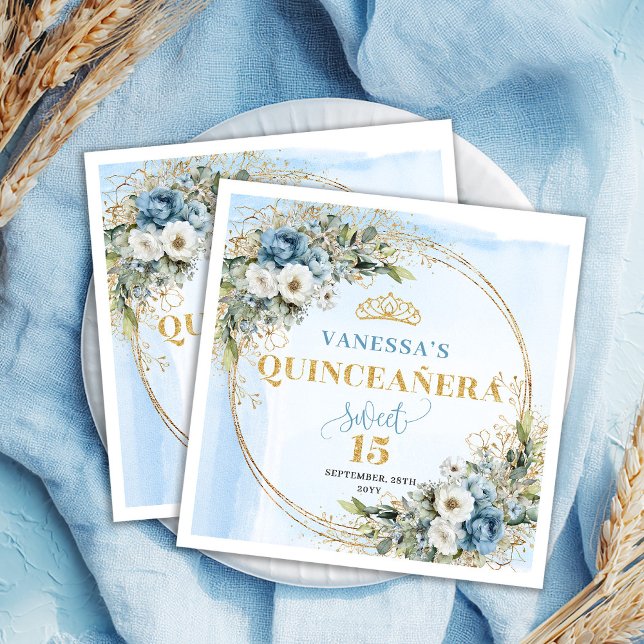 Boho Pastel Blue Floral Gold Glitter Quinceañera  Napkin (Boho Pastel Blue Floral Gold Glitter Quinceañera Napkins )