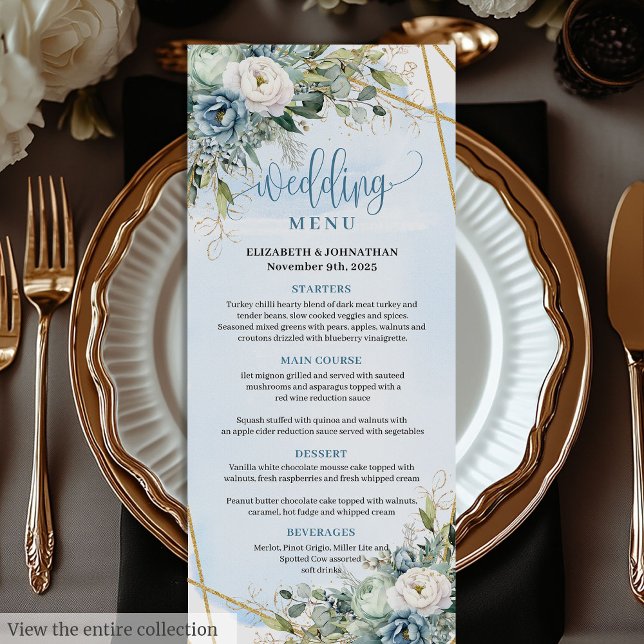 Boho Pastel Blue Peonies Gold Frame Dinner Menu (Boho Pastel Blue Peonies Gold Frame Dinner Menu

)