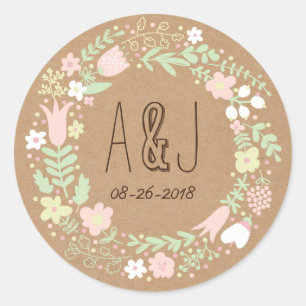 Boho Pastel Floral Wreath Rustic Wedding Classic Round Sticker