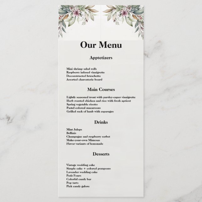 BOHO Pastel Garden Colours Wedding Dinner menu (Front)